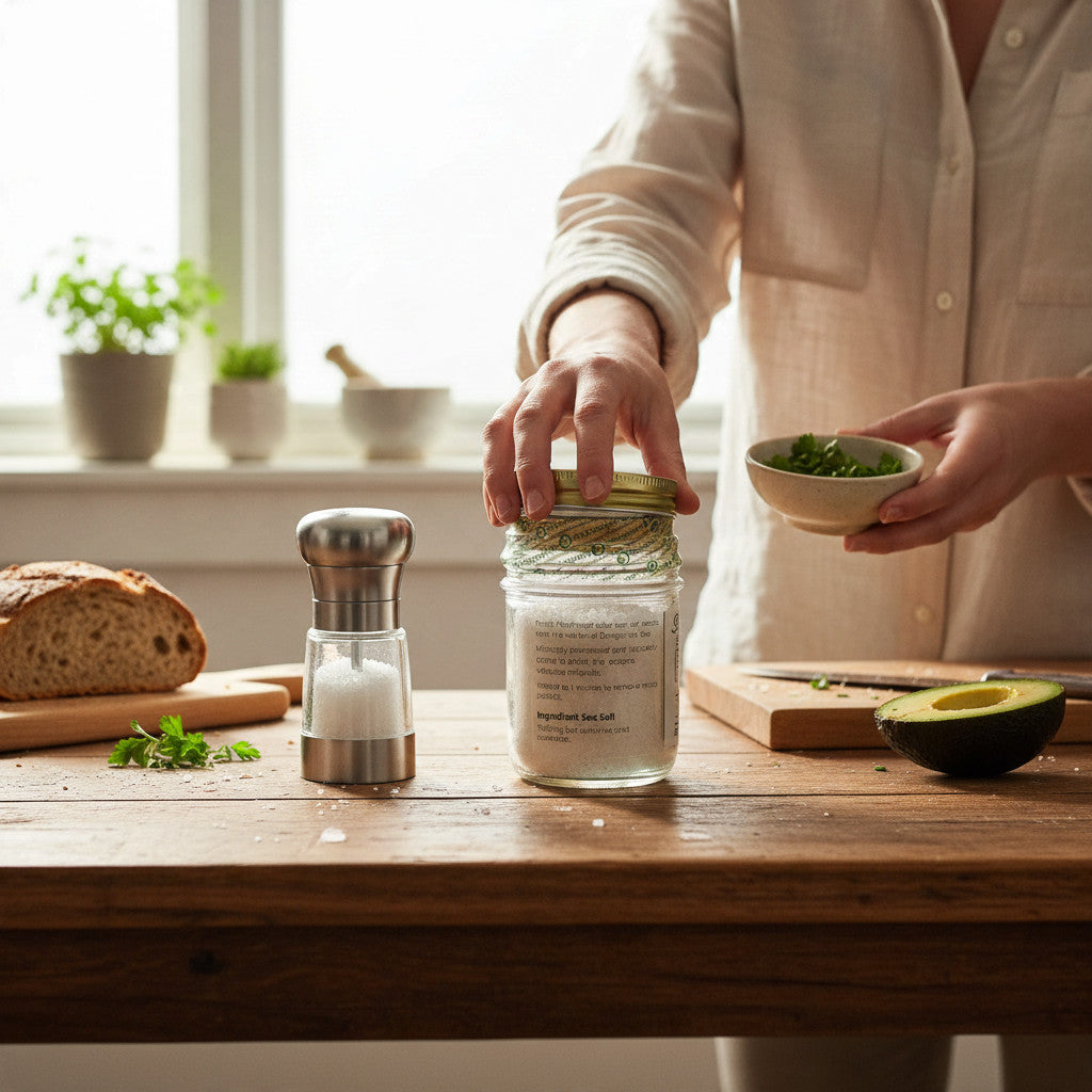 Sequim Sea Salt in a kitchen with fresh bread, herbs and avocado