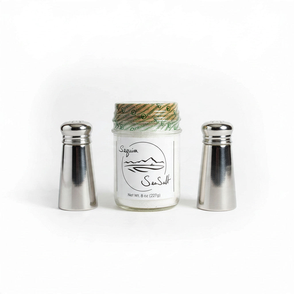 Sequim Sea Salt jar with stainless salt shakers