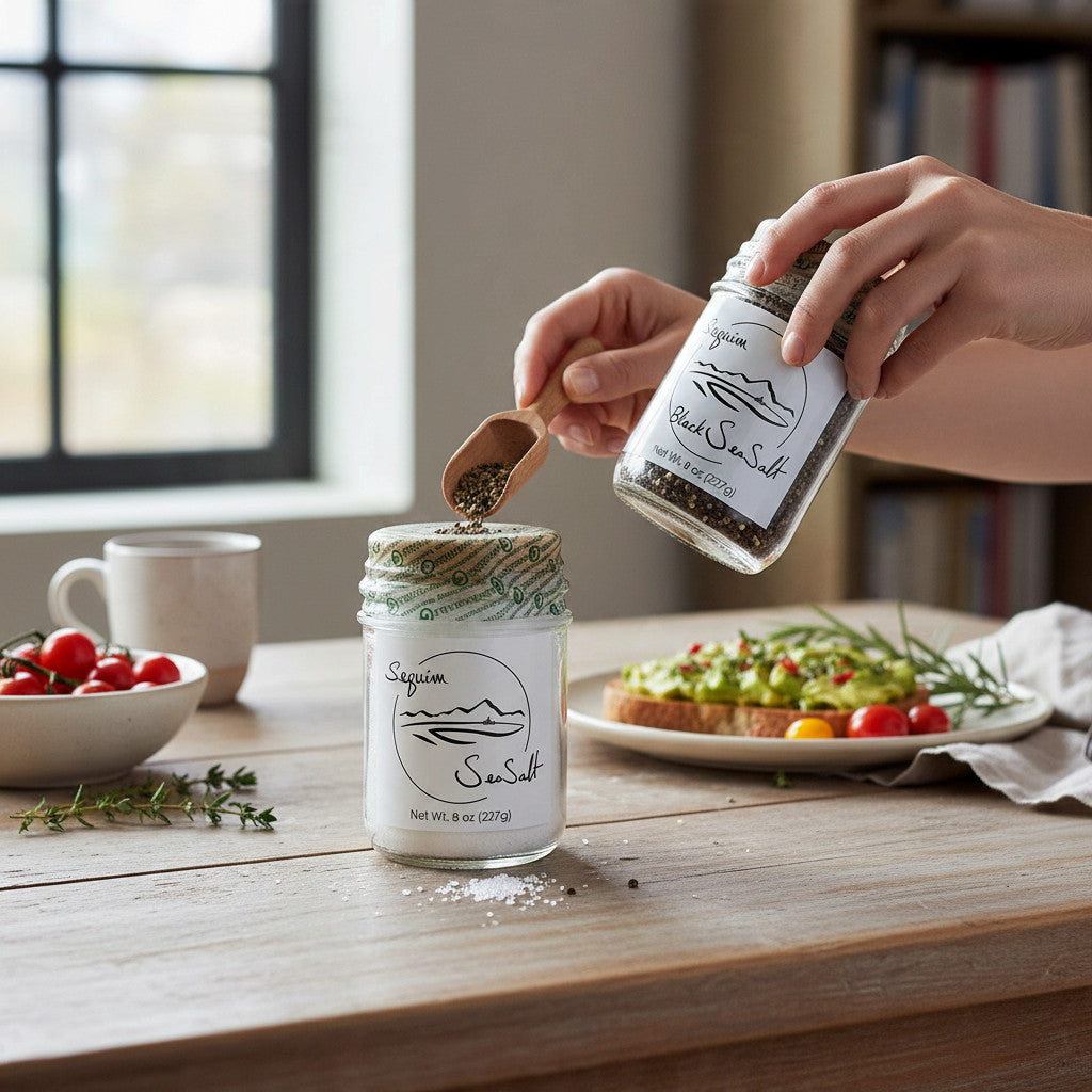Sequim Sea Salt used for cooking at the kitchen table