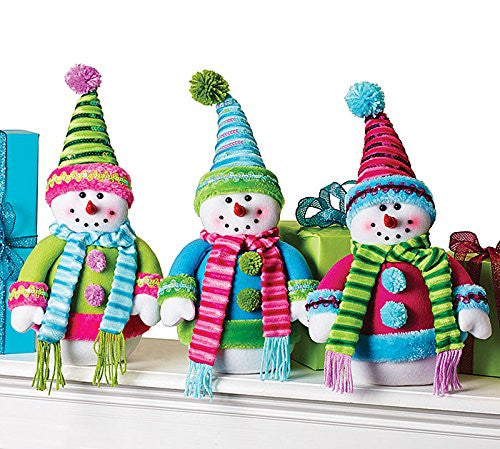 Set of Three Limited Edition Plush Snowmen Christmas Decor in Lime, Blue and Pink - Findlavender
