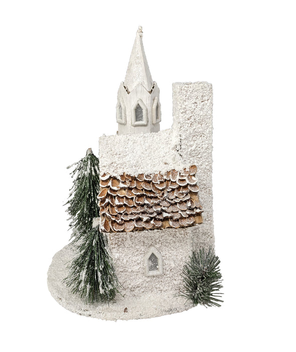 Lighted Church with Steeple and Trees