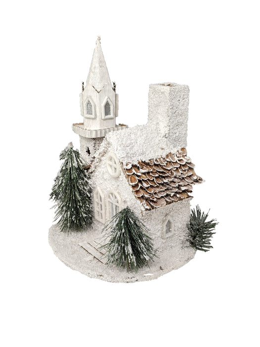 Lighted Church with Steeple and Trees