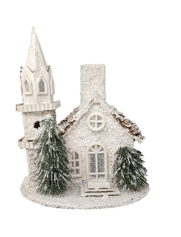 Lighted Church with Steeple and Trees